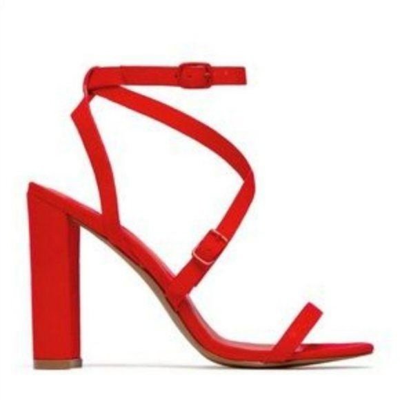 Strappy Faux Suede Block Heels in Red - Picture 2 of 9
